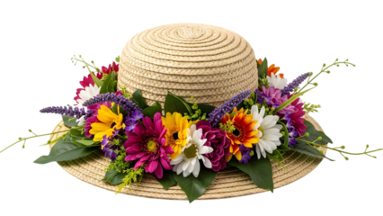 Vibrant floral arrangement on a woven straw hat isolated on transparent background