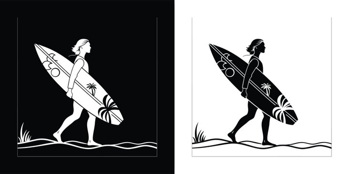 Silhouette of a woman walking with a surfboard on the beach, black and white vector illustration, isolated on white background