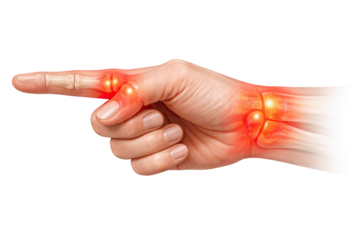 Human pointing hand anatomy showing finger and wrist joint pain inflammation arthritis close up isolated on white background