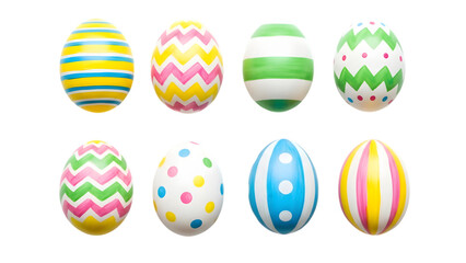 Eight colorful easter eggs isolated on transparent background