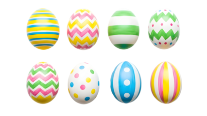 Eight colorful easter eggs isolated on transparent background