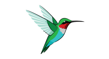Vibrant teal and red hummingbird in flight illustration with graceful wings.