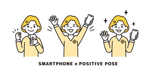 スマートフォンを手に、ポジティブな表情・ポーズをするおばあさんのベクターイラスト素材セット