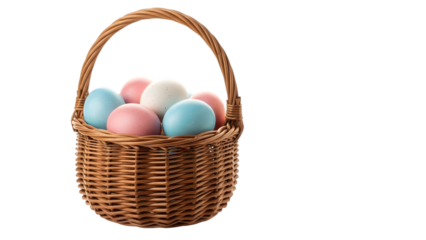 Wicker basket filled with pastel easter eggs isolated on transparent background