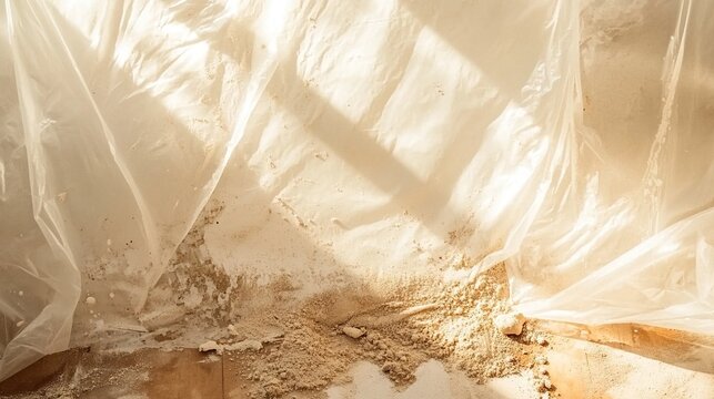 spackle. Interior of a room under renovation, spackle droplets on floor with sunlight through plastic sheet. real-estate listings.