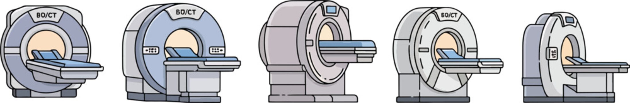 CT scan MRI medical scanner machine icon set illustrating diagnostic imaging technology hospital equipment and radiology department visuals