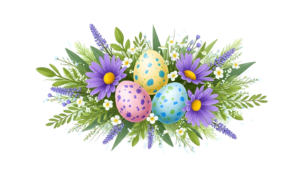 Easter eggs isolated on transparent background with colorful flowers and foliage