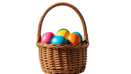 Easter basket with colorful eggs isolated on transparent background