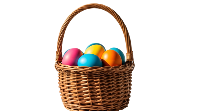 Easter basket with colorful eggs isolated on transparent background - Powered by Adobe
