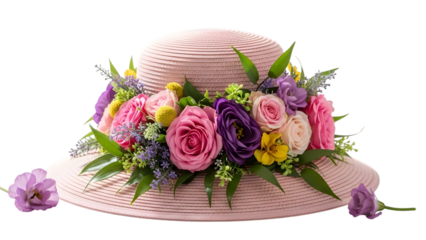 Beautiful floral hat isolated on transparent background with colorful flowers
