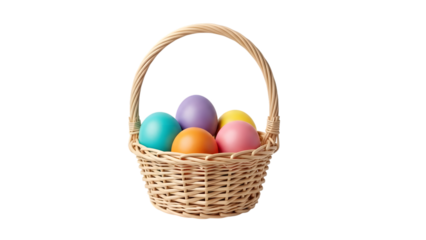 Easter basket with colorful eggs isolated on transparent background
