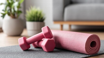Home workout equipment with dumbbells and yoga mat