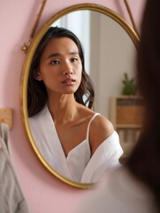Young Woman Looking at Herself in a Round Mirror - Self-Reflection and Beauty