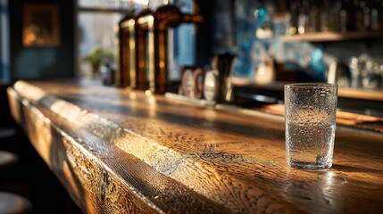highball. Elegant wooden bar counter with a single highball glass, showcasing refined simplicity in warm lighting. bar promotions.
