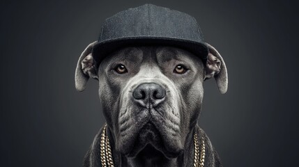 Cool dog wearing a hat and gold chain on a dark background