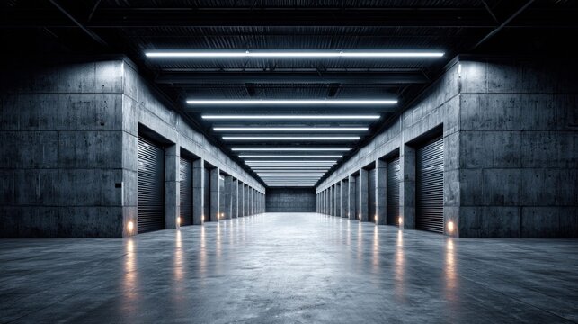 Modern storage facility interior with concrete walls and glowing lights
