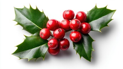 Vibrant holly sprig with bright red berries isolated on a white background
