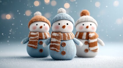 Adorable knitted snowman family with hats and scarves in a winter wonderland