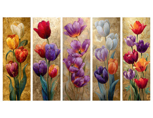 Luxury Floral Bookmark Set with Colorful Tulip Illustration on Gold Background