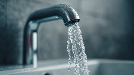 Close-up of running water from a chrome faucet in a modern bathroom