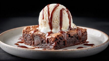 Delicious brownie with vanilla ice cream and chocolate sauce on a plate