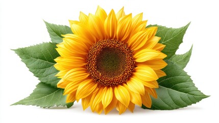 Vibrant sunflower with green leaves isolated on a clean white background