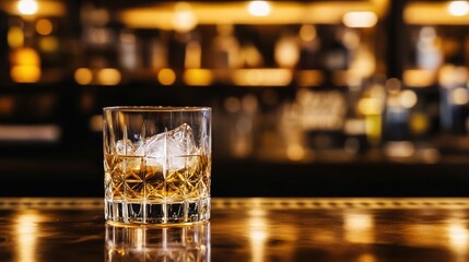 highball. Elegant wooden bar counter with a single highball glass, showcasing refined simplicity in warm lighting. bar promotions.