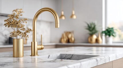 Elegant gold kitchen faucet and marble countertop in a modern interior