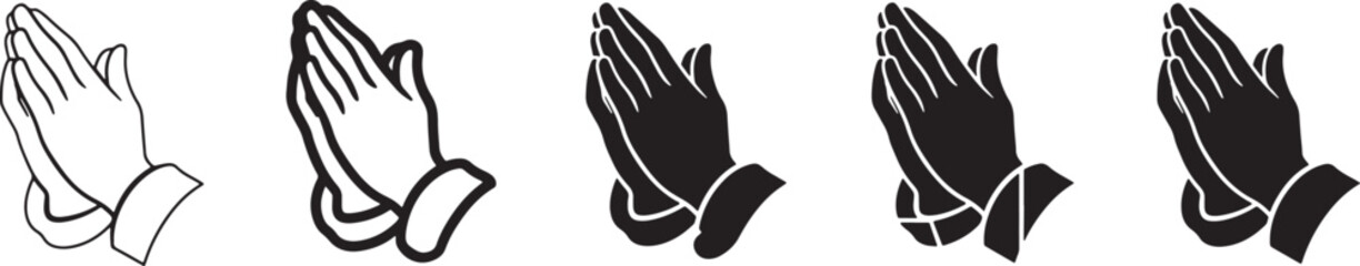 Praying hands icon set in outline bold rounded geometric and silhouette styles symbolizing prayer gratitude faith hope and religious or spiritual expression