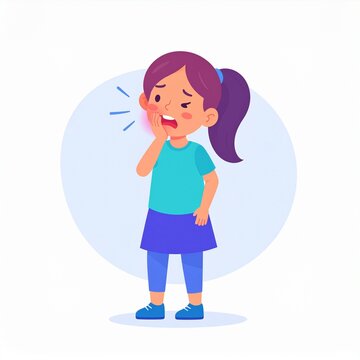 Little girl feeling tooth pain vector character, pediatric dental health concept with child patient expressing discomfort
