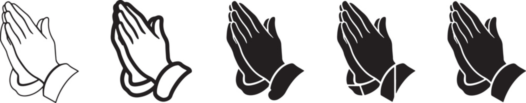 Praying hands icon set in outline bold rounded geometric and silhouette styles symbolizing prayer gratitude faith hope and religious or spiritual expression