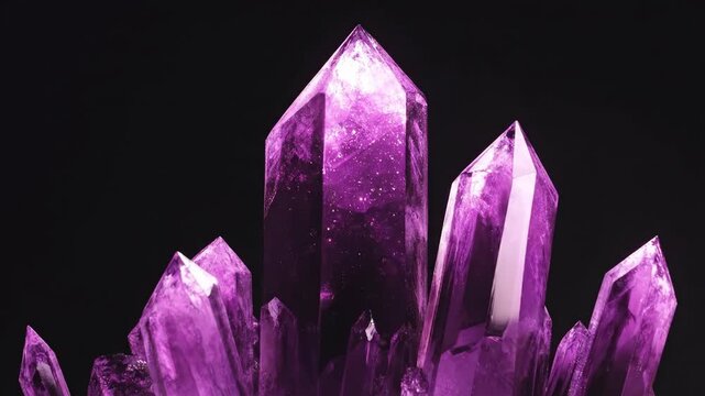 Large purple amethyst crystal geode with sparkling facets and natural rock base in a studio. Mineral specimen showcase on dark background.