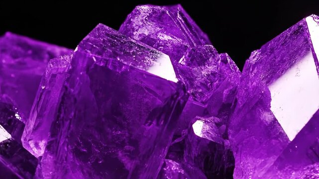 Purple amethyst crystal cluster on black background. Mineral rock formation with shiny facets for gemstone concept.