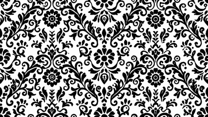 Intricate black and white damask pattern with floral and swirling designs