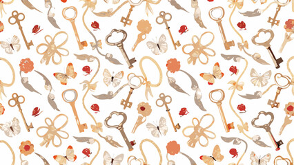 Fototapeta premium A whimsical pattern featuring antique keys butterflies and delicate floral elements