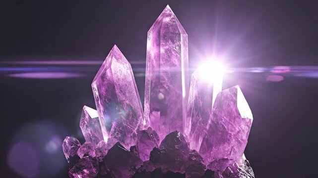 Large purple amethyst crystal geode with sparkling facets and natural rock base in a studio. Mineral specimen showcase on dark background.