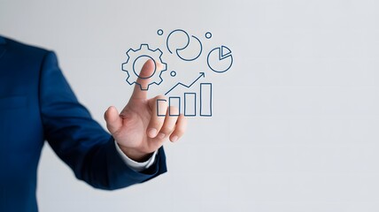 Digital Business Strategy: Hand Interacting with Gears and Charts on Virtual Screen
