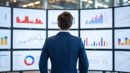 Data Analyst Monitoring Business Performance on Large Screen Wall
