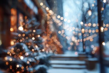 Enchanting blurred abstract festive Christmas background showcasing holiday lights and decorations in a snowy urban street during winter evenings