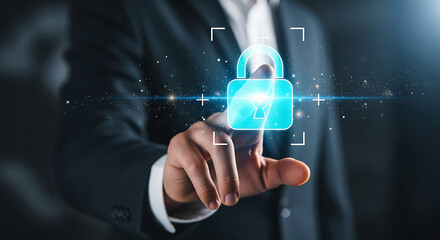 Businessman securing digital lock with finger touch in dark suit