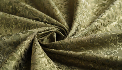 Elegant Green Damask Fabric Swirl with Intricate Floral Pattern.