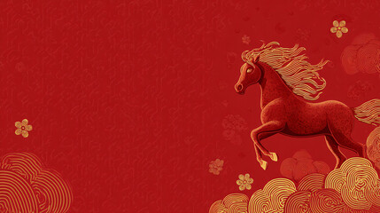 Luxurious Golden Horse with Traditional Cloud Motifs on Red