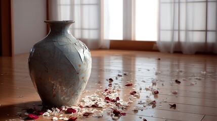 sedition. A shattered ceramic vase on a wooden floor with scattered flower petals in an empty room. wellbeing guides.