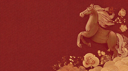 Majestic Gold Horse on Red Background with Ornamental Clouds