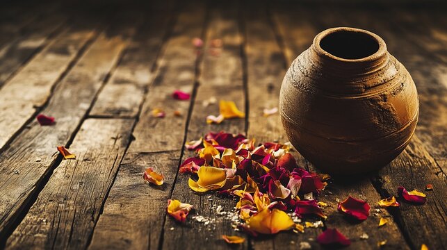 sedition. A shattered ceramic vase on a wooden floor with scattered flower petals in an empty room. wellbeing guides.