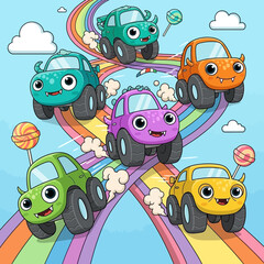 Exciting Cartoon Monster Car Race on Rainbow Track
