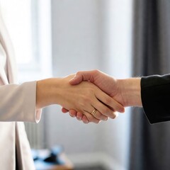 Silhouetted businessmen in formal suits firmly shaking hands in a luxurious high-rise conference room, representing a successful business agreement and new partnership.