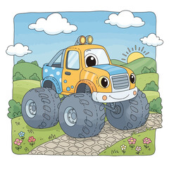 Cheerful Monster Truck Driving on Grassy Path