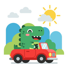 Happy T-Rex Driving Red Convertible Car
