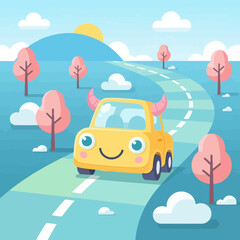 Cute Yellow Vehicle Enjoys Joyful Road Trip
